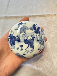 A Chinese blue and white vase, a pair of miniature vases, a covered teapot and a covered box, Kangxi and artemisia leaf mark, Kangxi