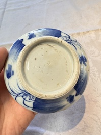 A Chinese blue and white vase, a pair of miniature vases, a covered teapot and a covered box, Kangxi and artemisia leaf mark, Kangxi
