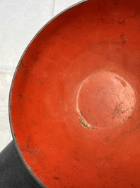 An unusual Chinese laque burgaut&eacute; 'Double Bowl' box depicting scenes from Xi Xiang Ji, Kangxi