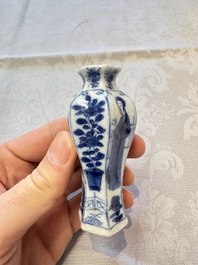 A Chinese blue and white vase, a pair of miniature vases, a covered teapot and a covered box, Kangxi and artemisia leaf mark, Kangxi
