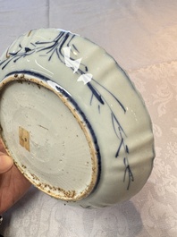 Two Chinese blue and white bowls and a 'Qilin' plate, Wanli/Transitional period