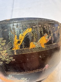 An unusual Chinese laque burgaut&eacute; 'Double Bowl' box depicting scenes from Xi Xiang Ji, Kangxi
