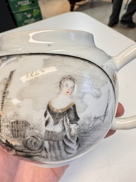 A Chinese grisaille and gilt-decorated 'European Subject' teapot and cover, Qianlong