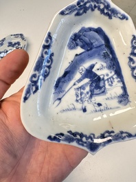 A pair of Chinese blue and white 'Rider on Horseback' sweetmeat dishes, Kangxi