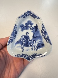 A pair of Chinese blue and white 'Rider on Horseback' sweetmeat dishes, Kangxi