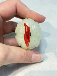 A Chinese carved jade melon-form snuff bottle with a red coral stopper, 1820-1880