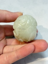 A Chinese carved jade melon-form snuff bottle with a red coral stopper, 1820-1880