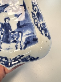 A pair of Chinese blue and white 'Rider on Horseback' sweetmeat dishes, Kangxi