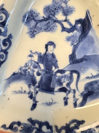 A pair of Chinese blue and white 'Rider on Horseback' sweetmeat dishes, Kangxi