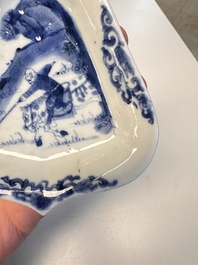A pair of Chinese blue and white 'Rider on Horseback' sweetmeat dishes, Kangxi
