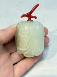 A Chinese carved jade melon-form snuff bottle with a red coral stopper, 1820-1880