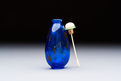 A fine Chinese dark blue and gold aventurine glass snuff bottle, probably from the imperial Beijing glass workshop, 18/19th C.