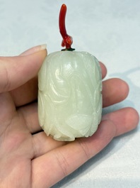 A Chinese carved jade melon-form snuff bottle with a red coral stopper, 1820-1880