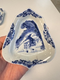 A pair of Chinese blue and white 'Rider on Horseback' sweetmeat dishes, Kangxi