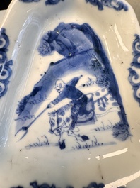 A pair of Chinese blue and white 'Rider on Horseback' sweetmeat dishes, Kangxi