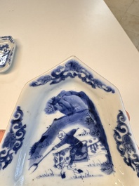 A pair of Chinese blue and white 'Rider on Horseback' sweetmeat dishes, Kangxi