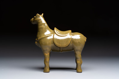A Chinese teadust-glazed model of a horse on a wooden stand, Republic