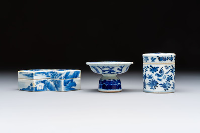 A varied collection of seven Chinese blue and white wares, Chenghua marks, 19th C.