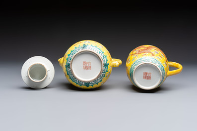 A Chinese famille rose yellow-ground 'Dragon' covered teapot, a milk jug and a 'Millefleurs' plate, Qianlong marks, Republic