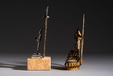 A Chinese gilt-bronze Buddha, a Tibetan dorje bell and four various South Asian bronze wares, 18/19th C.