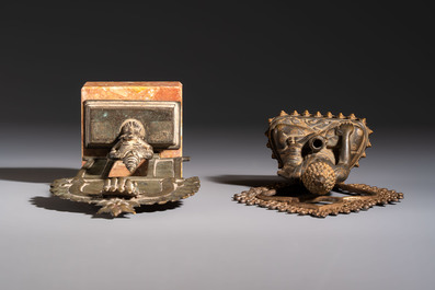 A Chinese gilt-bronze Buddha, a Tibetan dorje bell and four various South Asian bronze wares, 18/19th C.