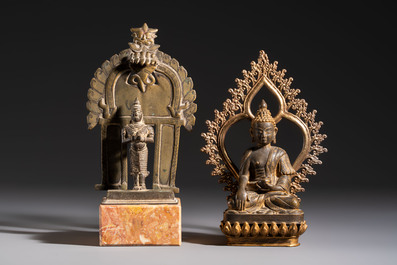 A Chinese gilt-bronze Buddha, a Tibetan dorje bell and four various South Asian bronze wares, 18/19th C.