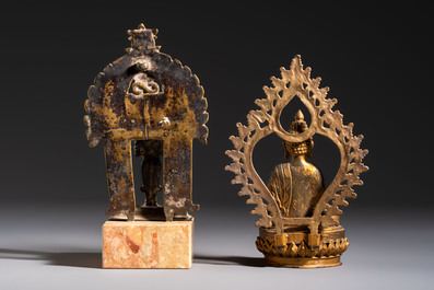 A Chinese gilt-bronze Buddha, a Tibetan dorje bell and four various South Asian bronze wares, 18/19th C.
