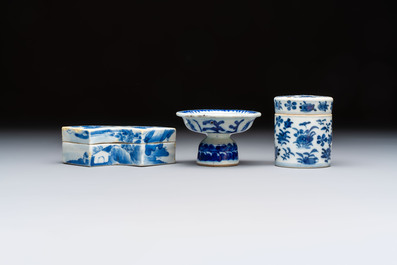 A varied collection of seven Chinese blue and white wares, Chenghua marks, 19th C.