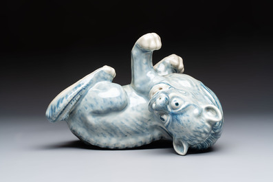 A Chinese blue and white mythical beast, 20th C.