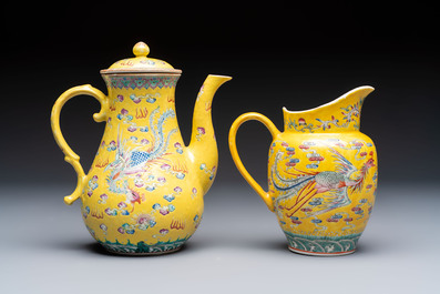A Chinese famille rose yellow-ground 'Dragon' covered teapot, a milk jug and a 'Millefleurs' plate, Qianlong marks, Republic