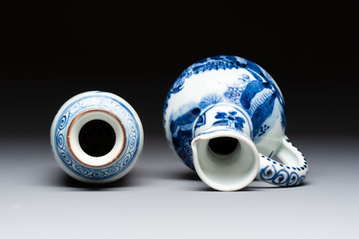 A Japanese blue and white vase, a jug and a bowl, 17th C. and later