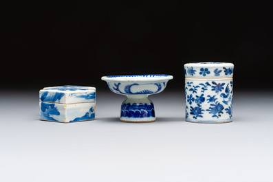 A varied collection of seven Chinese blue and white wares, Chenghua marks, 19th C.