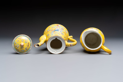 A Chinese famille rose yellow-ground 'Dragon' covered teapot, a milk jug and a 'Millefleurs' plate, Qianlong marks, Republic