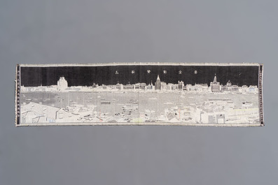 A Chinese woven silk panel depicting a view of The Bund and the Huangpu River, Shanghai Hangzhou Qiwen Silk Weaving Factory, 1950-1957