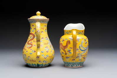 A Chinese famille rose yellow-ground 'Dragon' covered teapot, a milk jug and a 'Millefleurs' plate, Qianlong marks, Republic