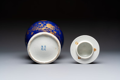 A Chinese gilt-decorated powder-blue-ground vase and cover, Kangxi mark, 19th C.