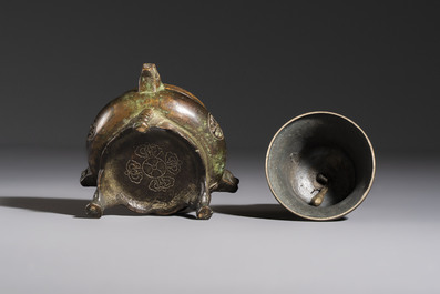 A Chinese gilt-bronze Buddha, a Tibetan dorje bell and four various South Asian bronze wares, 18/19th C.