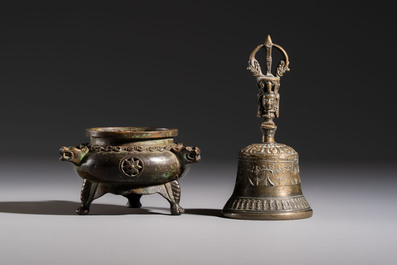 A Chinese gilt-bronze Buddha, a Tibetan dorje bell and four various South Asian bronze wares, 18/19th C.