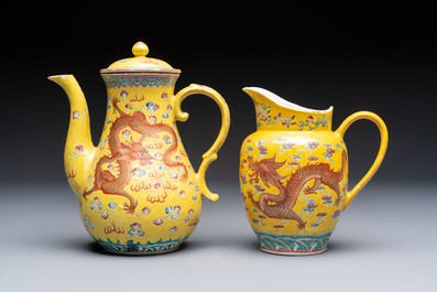 A Chinese famille rose yellow-ground 'Dragon' covered teapot, a milk jug and a 'Millefleurs' plate, Qianlong marks, Republic