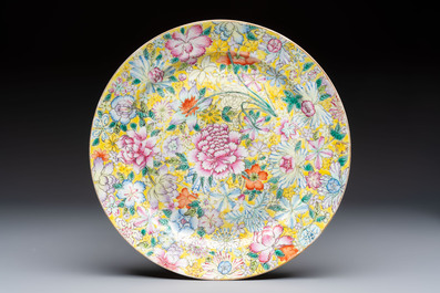 A Chinese famille rose yellow-ground 'Dragon' covered teapot, a milk jug and a 'Millefleurs' plate, Qianlong marks, Republic