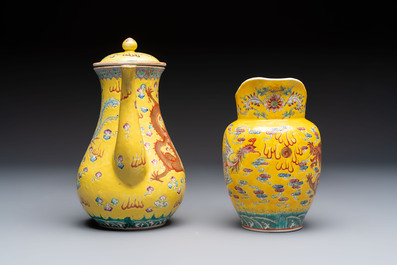 A Chinese famille rose yellow-ground 'Dragon' covered teapot, a milk jug and a 'Millefleurs' plate, Qianlong marks, Republic