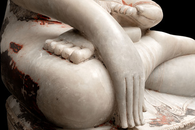 A monumental Burmese white marble Post-Pagan Buddha with traces of gilt-lacquer, Ava Kingdom, 17th C