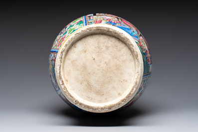 A Chinese Canton famille rose vase with narrative design, 19th C.