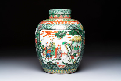 A Chinese famille verte jar and cover with narrative design, 19th C.
