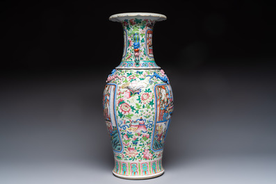 A Chinese Canton famille rose vase with narrative design, 19th C.