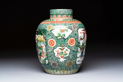A Chinese famille verte jar and cover with narrative design, 19th C.