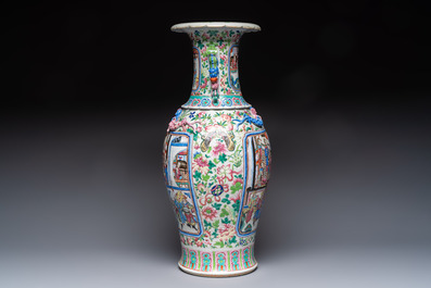 A Chinese Canton famille rose vase with narrative design, 19th C.