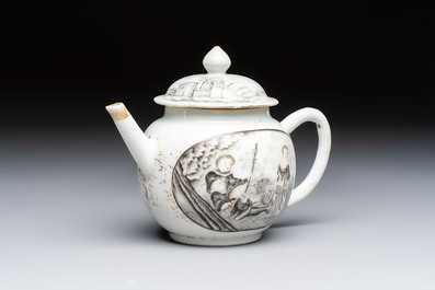 A Chinese grisaille and gilt-decorated 'European Subject' teapot and cover, Qianlong
