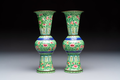 A Chinese Canton enamel green-ground three-piece altar set, 19th C.
