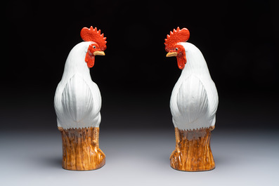 A pair of Chinese polychrome-glazed roosters, 20th C.